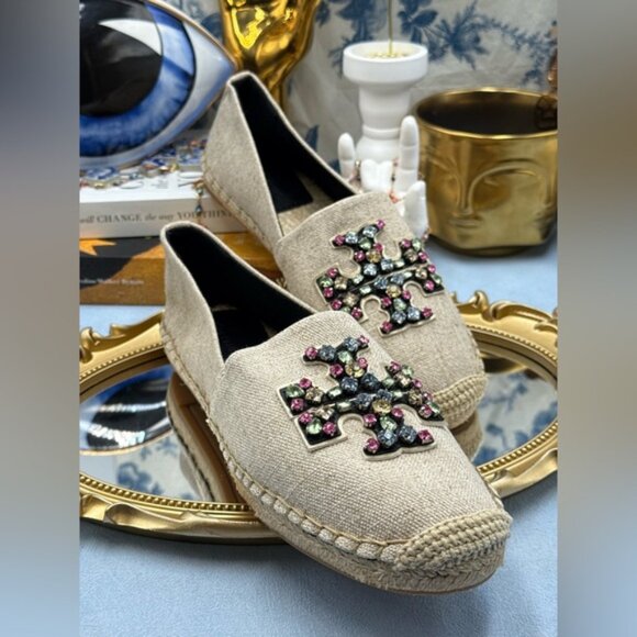 🆕 TORY BURCH 🧿 NWOB Ines Linen & Leather Bejewelled Espadrilles - Sz  9 M - Picture 6 of 13